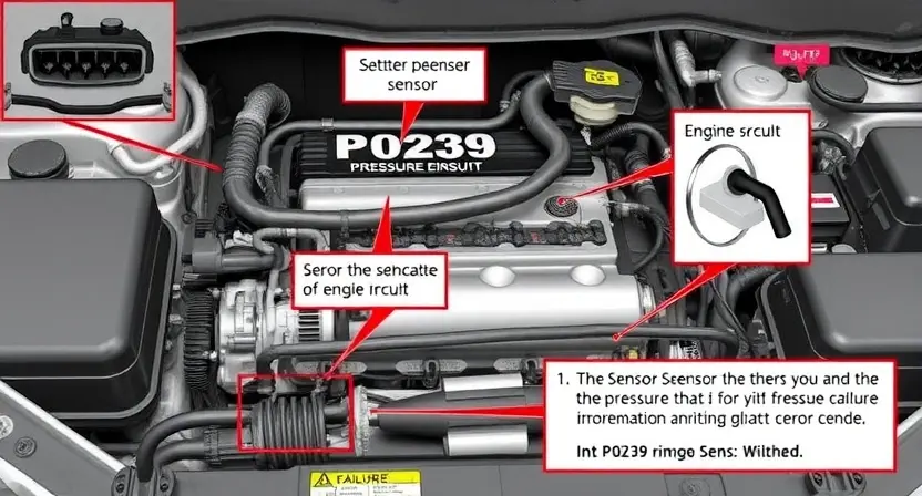 A detailed illustration of an automotive engine bay, focusing on the sensor circuit related to the P0239 error code. Include visual representations of the pressure sensor, wiring harness, and related components. The image should clearly depict the circuit and potential points of failure.