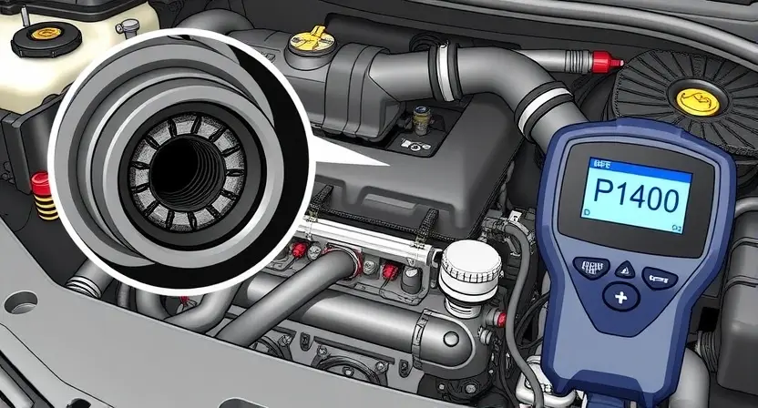 A detailed technical illustration of a car engine compartment showing the EGR valve, vacuum hoses, and electrical connectors, with a magnified inset highlighting carbon buildup inside the EGR passage and a diagnostic scanner displaying error code P1400 on its screen, all rendered in a clean, professional automotive repair manual style