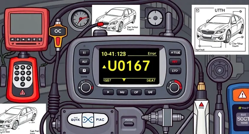 A high-quality technical illustration showing a car engine control unit with a warning indicator for error code U0167, surrounded by diagnostic tools and circuit diagrams, clean lines, detailed components, professional automotive repair setting
