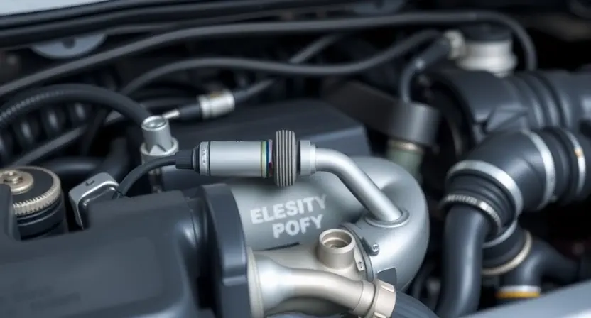 A detailed illustration of an automotive engine bay, focusing on the area where the oxygen sensor is located. The sensor should be clearly visible, along with wiring and hoses. The background should be slightly blurred to emphasize the sensor. The overall lighting should be realistic, simulating a well-lit engine compartment.