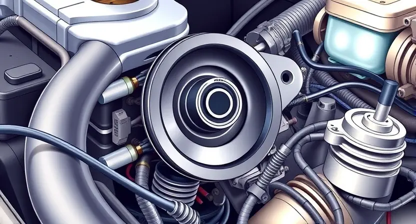 A detailed illustration of a car's engine bay, focusing on the harmonic balancer and the associated speed sensor (frequency sensor). The harmonic balancer should be clearly visible, with the sensor mounted on its side. Wiring and hoses should be present but not overly cluttered. The background should be a slightly blurred view of the engine components.