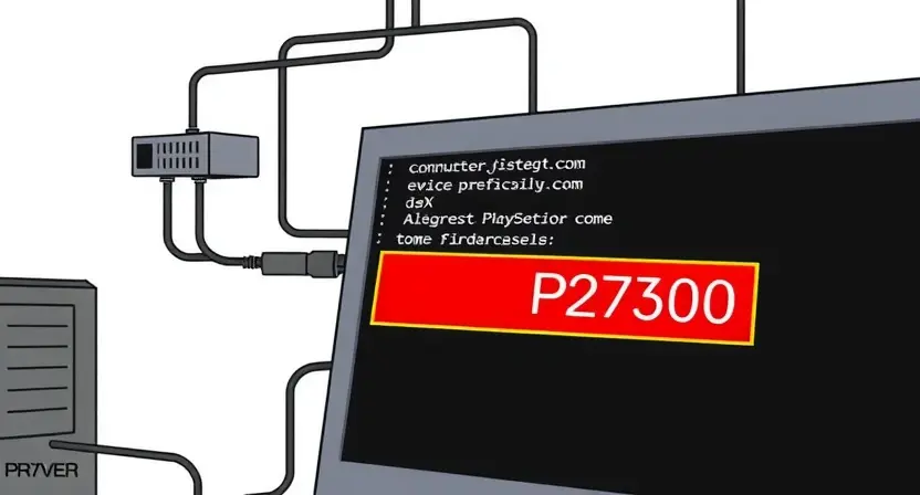 A detailed illustration depicting a computer system with a highlighted error message 'P2700'. The system should show a server, a network connection, and a user interface displaying the error. Focus on clarity and technical accuracy.