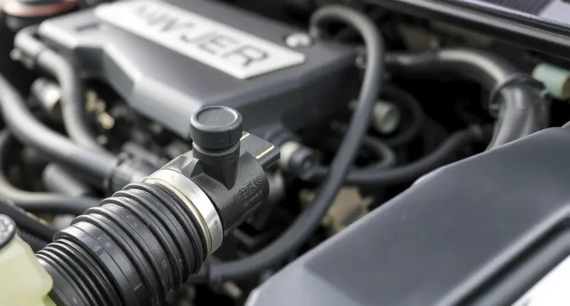 A close-up, detailed image of a car's engine bay, focusing on the coolant temperature sensor and surrounding hoses. The engine should be clean and well-maintained. The background should be slightly blurred to emphasize the sensor. The overall lighting should be bright and even, highlighting the components' textures and details. The image should convey a sense of technical precision and clarity.