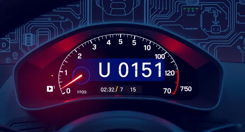 A modern car dashboard with a glowing check engine light and a diagnostic code display showing 'U0151', surrounded by subtle digital circuit patterns and automotive wiring schematics in the background, professional technical illustration style, clean and informative