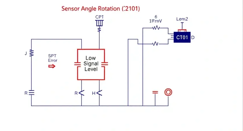 A detailed schematic diagram of a sensor angle rotation circuit, highlighting the C2101 error and low signal level. Include components like potentiometers, resistors, and the sensor itself. Focus on clarity and precision in representing the circuit connections.