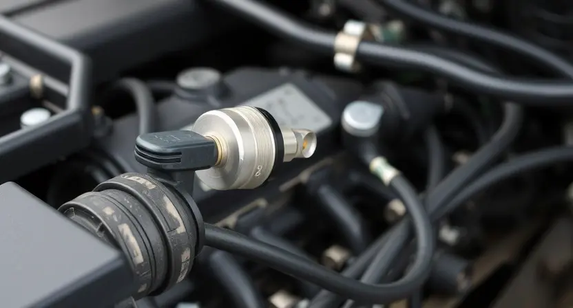A close-up, detailed image of a car's engine bay, specifically focusing on the oxygen sensor and related wiring. The engine should appear clean and well-maintained. The background should be slightly blurred to emphasize the sensor.