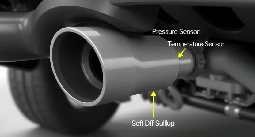 A close-up, detailed illustration of a car's exhaust system, specifically focusing on the Diesel Particulate Filter (DPF) and the associated sensors. The image should clearly show the DPF unit, its location within the exhaust pipe, and the proximity of the relevant sensors (e.g., pressure sensor, temperature sensor). Include visual cues indicating a potential blockage or malfunction within the DPF, such as soot buildup. The background should be a slightly blurred representation of the engine com