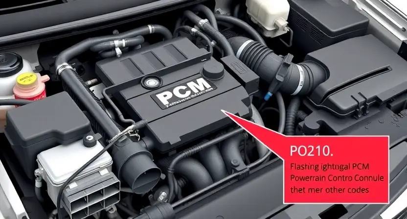 A detailed illustration of a car's engine bay, focusing on the PCM (Powertrain Control Module) and related wiring. The PCM should be clearly visible, with diagnostic connectors highlighted. Include visual cues representing the P0210 error code, such as a flashing light or a diagnostic display showing the code.