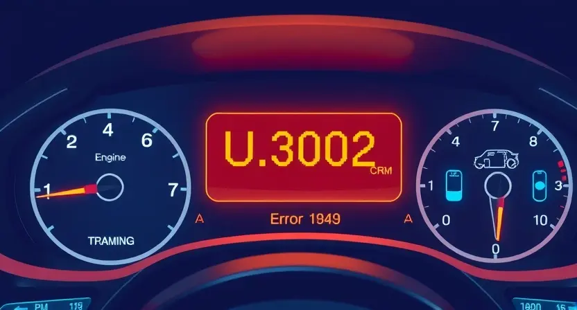 A technical illustration showing a car dashboard with a glowing error code U3002 displayed on the screen, surrounded by subtle icons representing engine, transmission, and electrical systems, with soft blue and amber lighting, clean modern automotive design, no text or labels visible except the error code itself