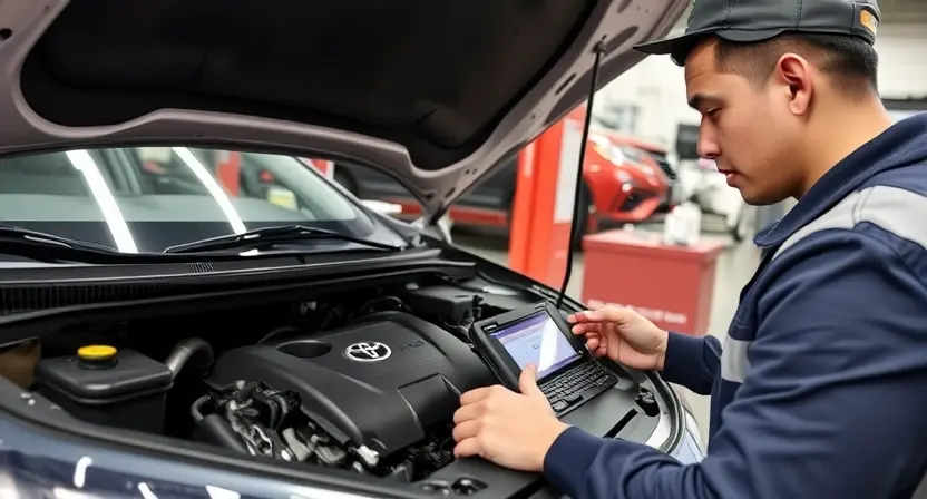 A mechanic is inspecting the engine of a Toyota car. The engine bay is open, and the mechanic is using a diagnostic tool connected to the car's computer. Focus on the engine components and the diagnostic interface. The background shows a well-lit auto repair shop.