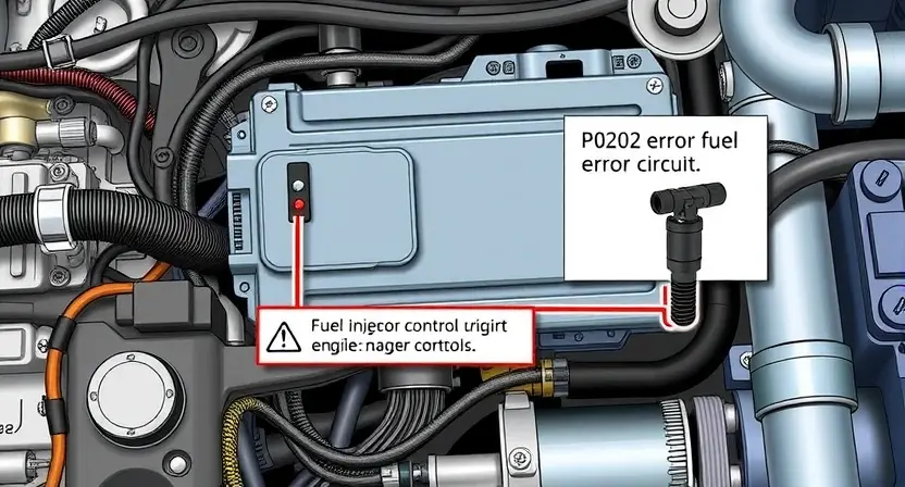 A detailed illustration of an engine control unit (ECU) with a highlighted fuel injector control circuit. Show the wiring harness, the ECU's internal components, and the fuel injector itself. Indicate the P0202 error code with a visual cue (e.g., a red warning light). Focus on the electrical connections and the flow of signals within the circuit.