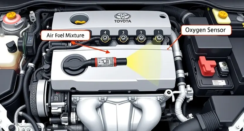 A detailed illustration of a Toyota engine with a focus on the fuel system components. Highlight the oxygen sensor, fuel injectors, and related wiring. Show a visual representation of the air-fuel mixture being analyzed by the sensor. The engine should be clean and well-lit, emphasizing technical accuracy.
