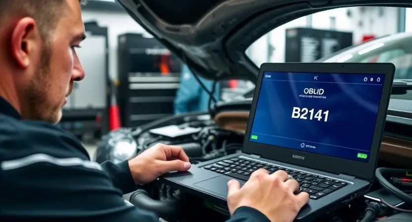 A professional automotive technician using diagnostic equipment to troubleshoot error code B2141 in a vehicle's engine control unit, showing a laptop connected to an OBD-II port, error code B2141 displayed on the screen, tools and wiring harnesses visible in a well-lit garage setting, realistic style, high detail