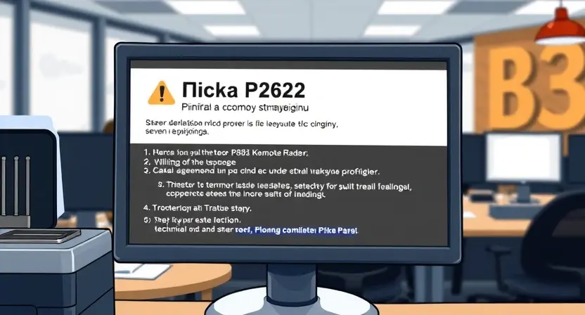 A detailed illustration depicting a computer screen displaying an error message "Ошибка P2822: причины и способы устранения". The screen should show technical information and troubleshooting steps. The background should be a blurred office environment.