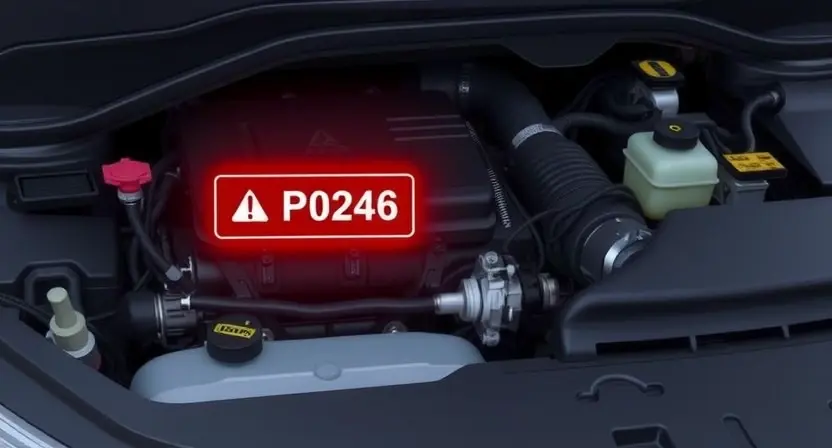 A detailed illustration of a car's engine bay, focusing on the P0246 error code indicator light. The image should clearly show the diagnostic trouble code (DTC) illuminated, along with relevant engine components like the PCM (Powertrain Control Module), sensors, and wiring harnesses. The background should be a slightly blurred view of the car's interior.