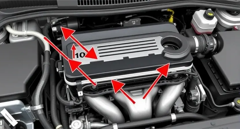 A detailed diagram of a car engine with arrows pointing to the O2 sensor and fuel rail. The diagram should highlight the areas related to the P0122 error code. Focus on the engine components and their connections. The overall image should be clean and informative, suitable for a repair manual.