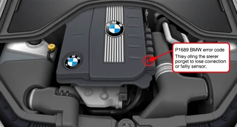 A detailed illustration of a BMW car engine bay, highlighting the area where the P1689 error code might be related to. Include visual cues suggesting potential issues like a loose connection or a faulty sensor. Focus on technical details and precision.