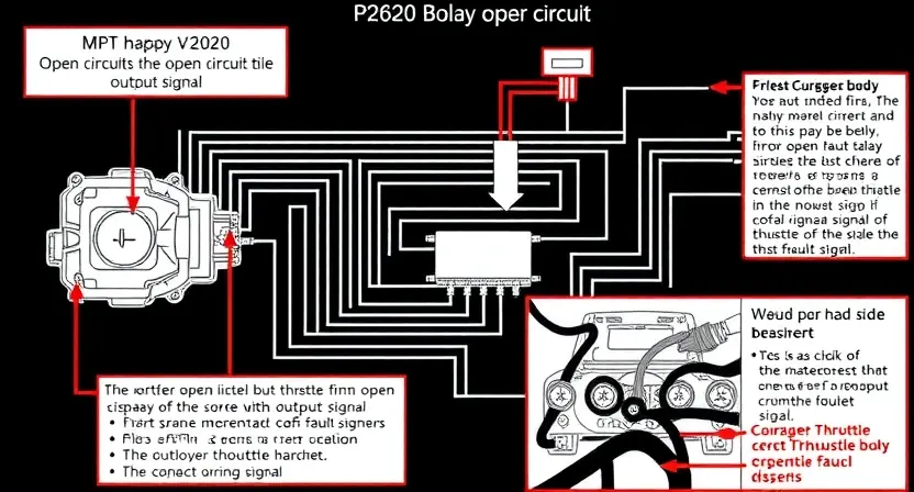 A detailed schematic diagram of an automotive throttle body circuit, highlighting the P2620 error code and the open circuit of the output signal. Include visual representations of the throttle body, wiring harness, and potential fault points.