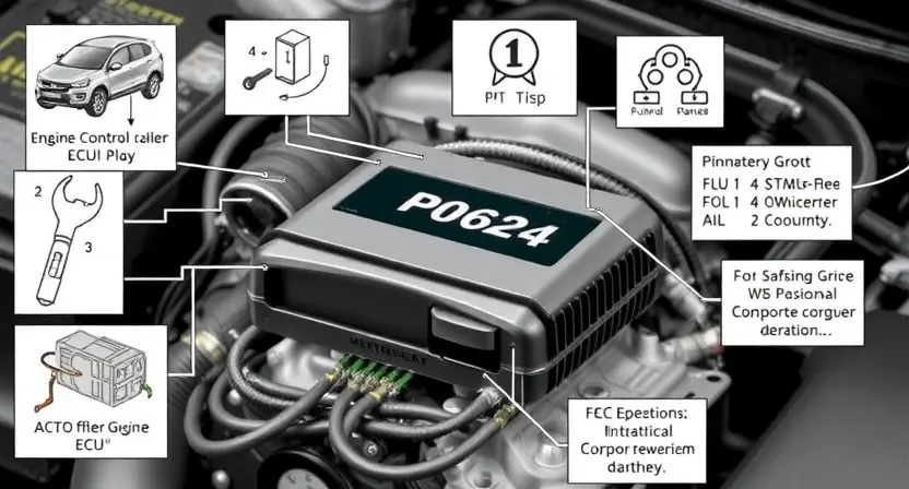 A detailed illustration of a car's engine control unit (ECU) with wiring diagrams and diagnostic tools surrounding it. Focus on the P0624 error code and its potential causes.