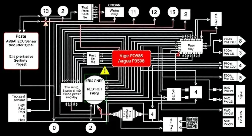 A detailed schematic diagram of an automotive engine control unit (ECU) circuit, highlighting the P0588 error code and its associated components. The diagram should show wiring, sensors, actuators, and the ECU itself. Include visual cues to represent the error code's potential causes, such as a faulty sensor or a wiring issue.