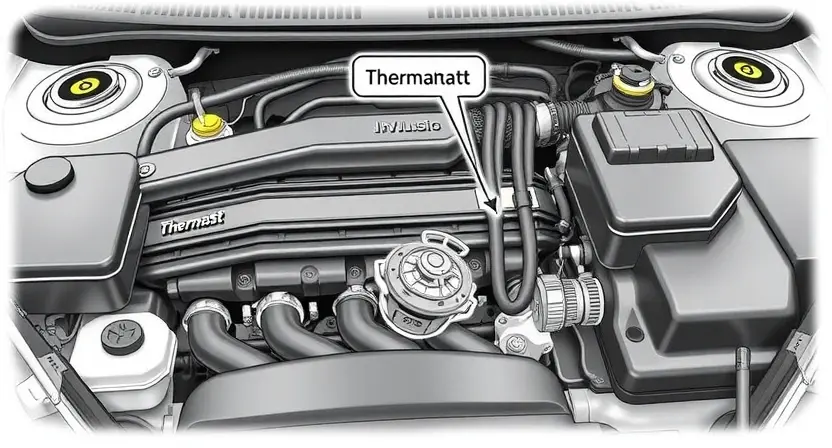 A detailed illustration of an automotive engine bay, focusing on the cooling system. Include a visual representation of the temperature sensor, the thermostat, coolant hoses, and the engine block. The image should clearly depict the thermostat's role in regulating engine temperature.