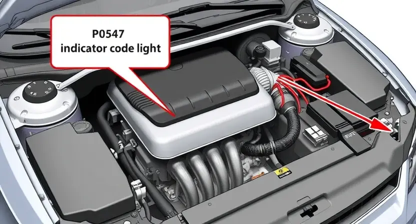A detailed illustration of a car's engine bay, highlighting the P0547 error code indicator light. Focus on the diagnostic tools and wiring related to the code.