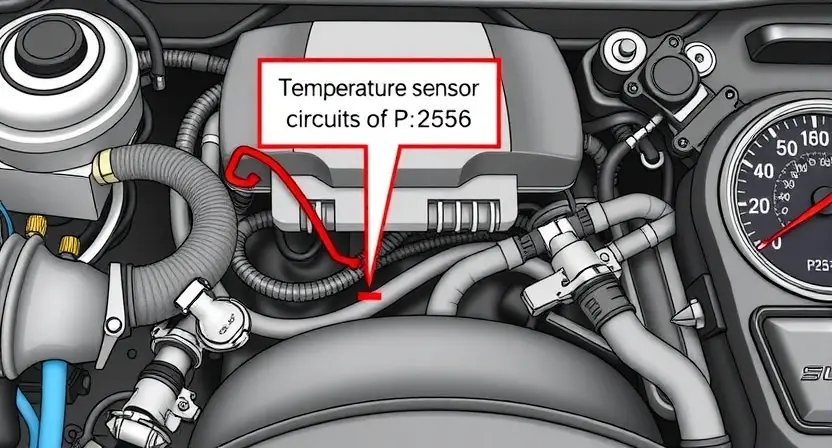 A detailed illustration of a car's engine bay, focusing on the temperature sensor circuit. Show wires, connectors, and the sensor itself. Highlight the P2556 error code indicator on the car's dashboard.