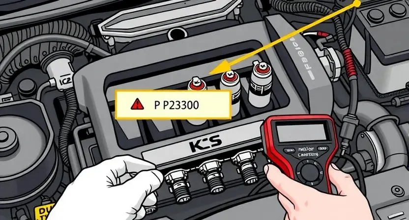 A detailed illustration of a car engine with a highlighted error code P2300, showing the ignition coils and spark plugs. The image should depict a mechanic using diagnostic tools to identify and test the faulty components.