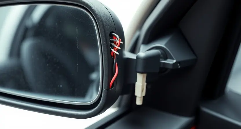 A close-up view of a car's side mirror with visible wiring and connectors, showing signs of wear or damage such as frayed wires or loose connections. The mirror should be slightly tilted or misaligned to indicate a malfunction. The background should be a generic car interior or exterior to provide context.