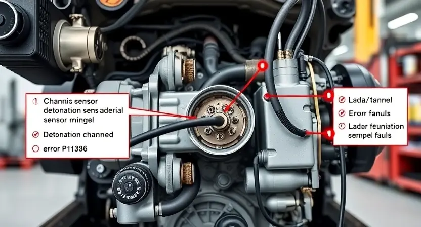 A detailed technical diagram of a Lada/VАЗ car engine showing the detonation sensor and its wiring channel, with highlighted fault points indicating error P1386, clean industrial background, no text or labels