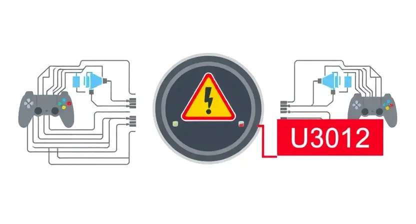 A high-quality technical illustration showing a charging port connector with a warning sign indicating loss of connection to the controller, surrounded by subtle circuit diagrams and error code U3012 highlighted in red, clean background, no text or letters on the image