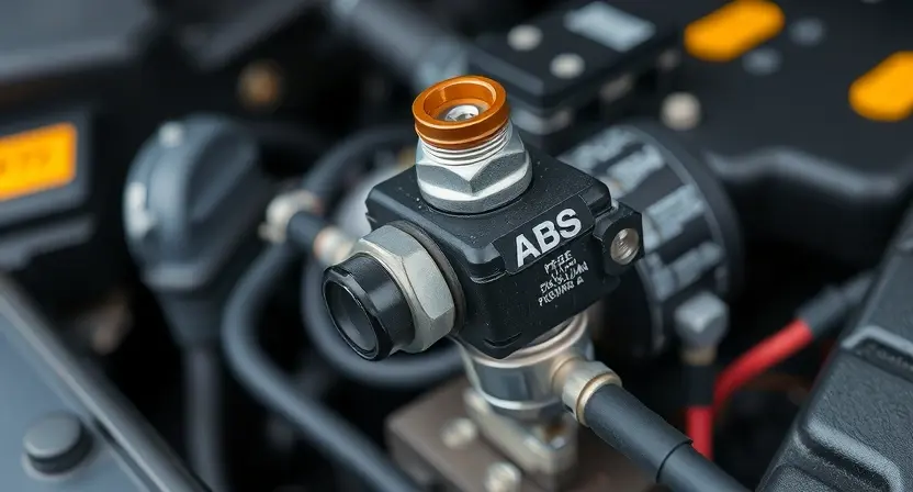 A detailed close-up photograph of an ABS solenoid valve within a car's engine compartment. The focus should be on the solenoid valve itself, highlighting its electrical connections and internal components. Include visible wiring and hoses connected to the valve. The background should be slightly blurred to emphasize the solenoid. The overall lighting should be bright and even, showcasing the details of the component. The image should convey a sense of technical precision and diagnostic inspectio