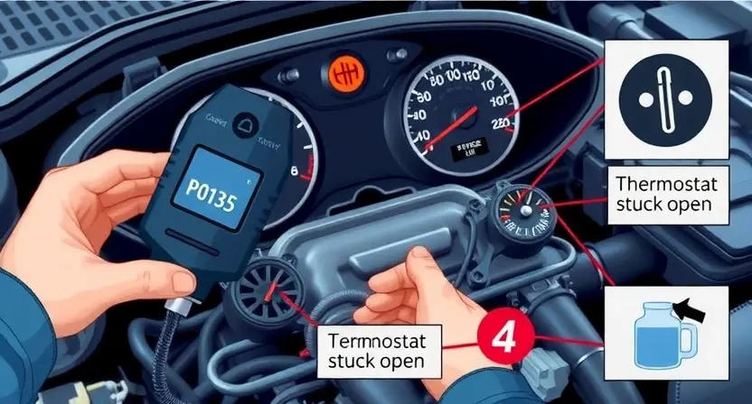 A detailed automotive diagnostic scene showing a car engine with a check engine light illuminated on the dashboard, a mechanic holding a OBD-II scanner displaying the error code P0125, and visual indicators of coolant temperature sensor issues such as a thermostat stuck open or low coolant level, all rendered in a clean, professional, high-detail technical illustration style