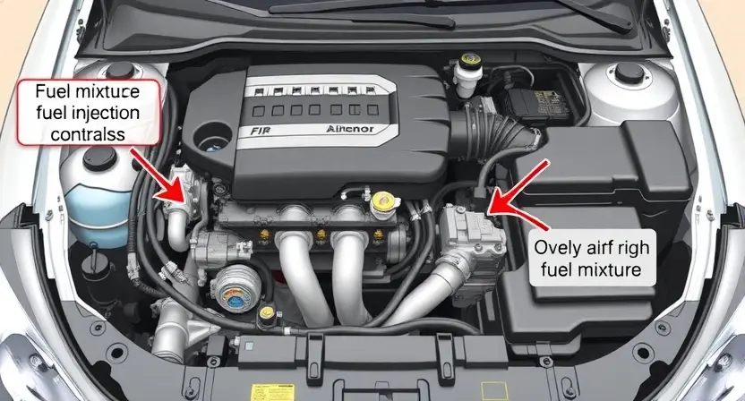 A detailed illustration of a car's engine bay, focusing on the fuel injection system and air intake. Highlight components related to fuel mixture control, such as the fuel injectors, mass airflow sensor, and throttle body. Use visual cues to indicate an overly rich fuel mixture, like a slight sheen of fuel on components. The engine should appear clean and well-maintained.