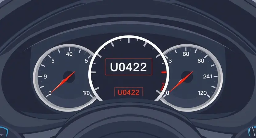 A high-quality technical illustration showing a vehicle's dashboard with a warning indicator for error code U0422, featuring a stylized car interior with a glowing error message on the instrument cluster, clean lines, precise details, and a professional automotive diagnostic theme