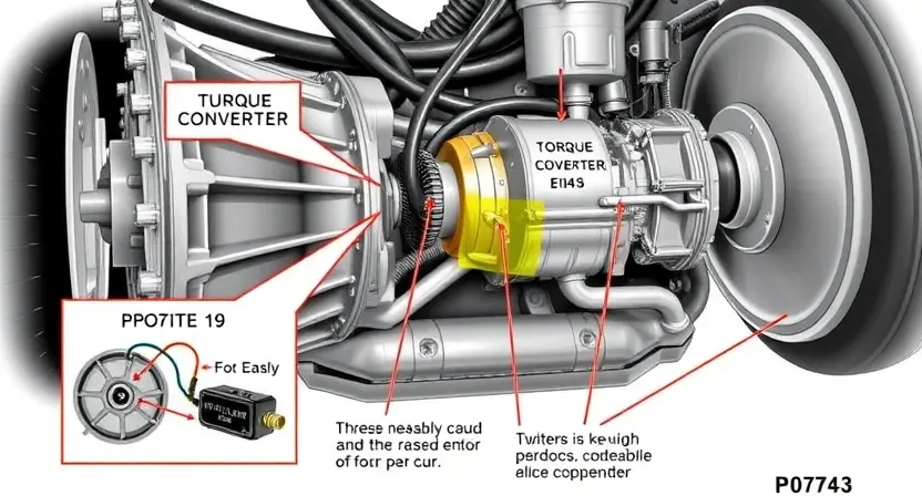 A detailed illustration of a car's transmission system, specifically highlighting the torque converter and its associated components. Include wiring diagrams and labels indicating the P0743 error code and its potential causes. Focus on technical accuracy and clarity.