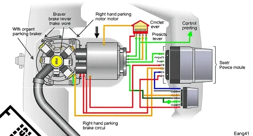 A detailed diagram illustrating the right hand parking brake motor circuit in a car. The diagram should clearly show the motor, wiring connections, and related components like the brake lever and control module. Use color-coding to differentiate wires and components. Focus on the electrical connections and potential points of failure. The background should be clean and uncluttered, emphasizing the circuit diagram.
