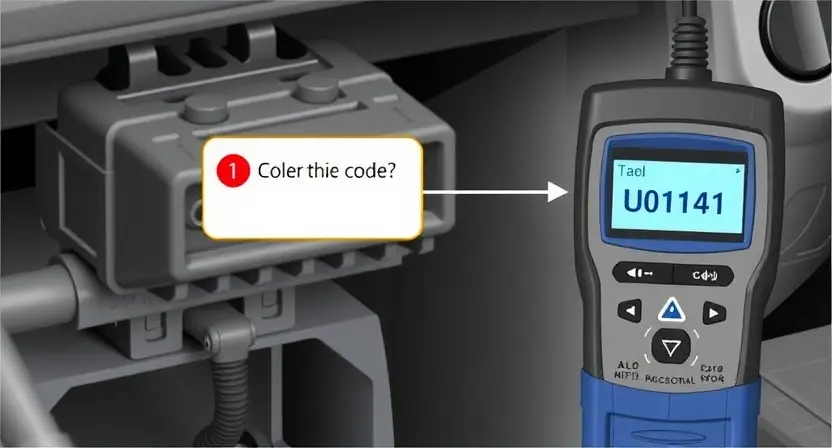 A detailed diagram illustrating a vehicle's OBD-II port with a diagnostic tool connected. Highlight the U0141 error code within the tool's display. Show a simplified representation of the communication pathway between the vehicle's computer and the tool. Focus on the connection and the error code display.