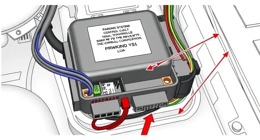 A high-quality technical illustration showing a vehicle's parking system control module with visible wiring harnesses and connectors, highlighting a broken or disconnected wiring segment, clean technical diagram style, detailed components, no text or labels, no people, no UI elements