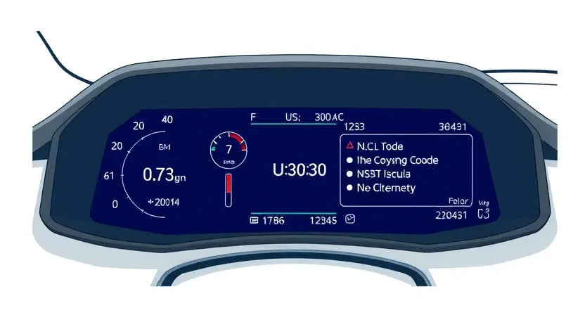 A detailed illustration of an electric vehicle's dashboard, highlighting a warning light labeled 'U3030' and a diagnostic screen displaying error codes. The dashboard should be modern and clean, with a focus on technological elements.
