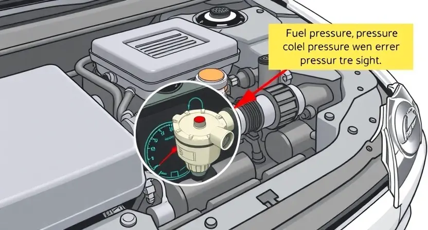 A high-quality technical illustration showing a car engine with a highlighted fuel pressure regulator component, displaying warning signs like a dashboard error light and pressure gauge anomalies, clean background, technical diagram style, no text or numbers on image