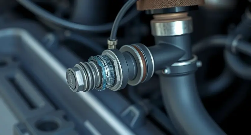 A close-up, detailed illustration of a car's oxygen sensor, highlighting its components and connection to the exhaust system. The background should subtly suggest a car engine bay. Focus on the sensor's physical form and wiring.