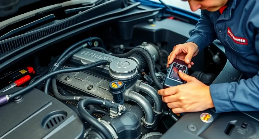 A close-up of a car engine bay with a mechanic inspecting the engine. Focus on the engine's components, hoses, and sensors. The mechanic should be wearing a uniform and using a diagnostic tool. The overall lighting should be bright and professional, highlighting the engine's details.