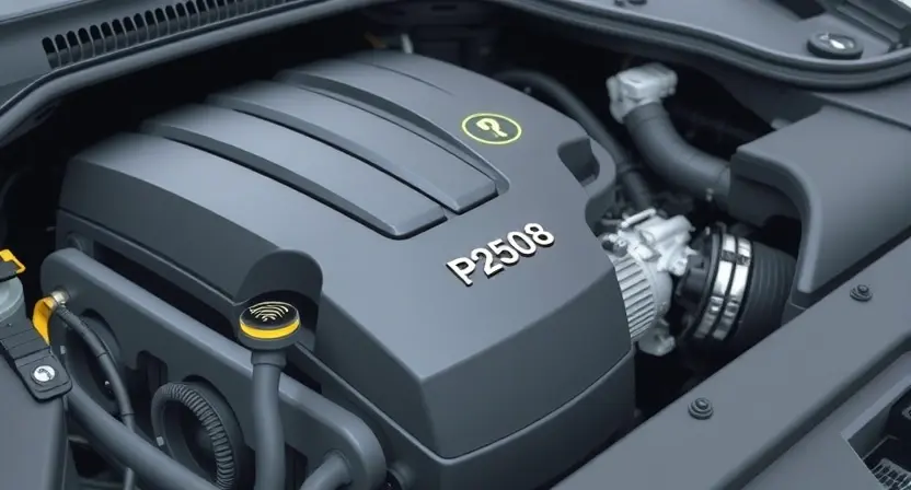 A close-up, detailed illustration of a car's engine bay. Focus on the sensor labeled 'P2508' with subtle glowing lines indicating data flow. The engine should appear clean and modern.
