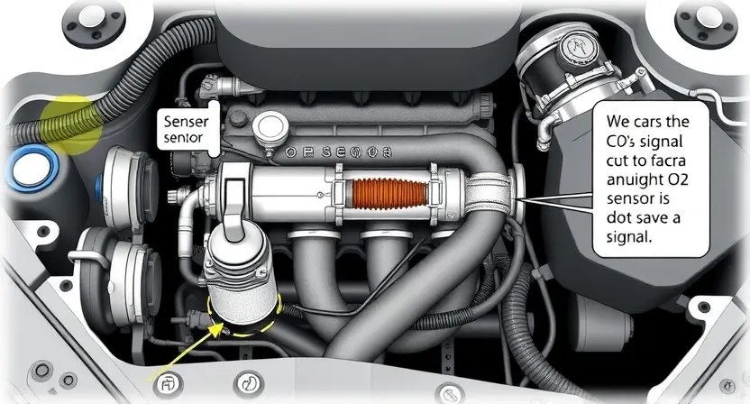 A detailed diagram illustrating a car engine's emissions control system, specifically focusing on the O2 sensor and its connection to the engine control unit (ECU). The diagram should clearly show the sensor's location in the exhaust manifold, the signal it sends, and the ECU's response to that signal. Use clear, technical illustrations and labels. The overall aesthetic should be clean and informative, suitable for a repair manual or educational material. Focus on the mechanical components and w
