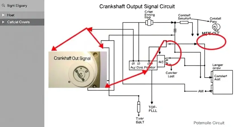 A detailed schematic diagram of an engine's crankshaft output signal circuit, highlighting potential failure points. Include visual representations of electrical components like sensors, wiring, and connectors. The diagram should be clean, well-labeled, and illustrate the flow of electrical signals.