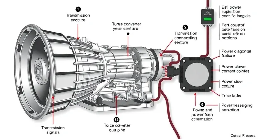 A detailed diagram illustrating a vehicle's transmission system, specifically highlighting the torque converter and its connection to the transmission control module. The diagram should show the flow of power and signals, with clear labels for each component. Focus on the diagnostic process, showing potential points of failure and connection points for diagnostic tools. The overall aesthetic should be clean and technical, suitable for a repair manual.