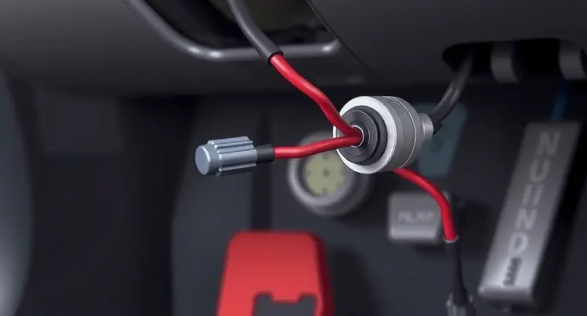 A close-up, detailed illustration of a car's accelerator pedal assembly. The focus should be on the position sensor and its wiring. Show the pedal in a slightly depressed position to indicate a signal being sent. The background should be blurred, suggesting the interior of a car. Emphasize the sensor's physical components and connections.