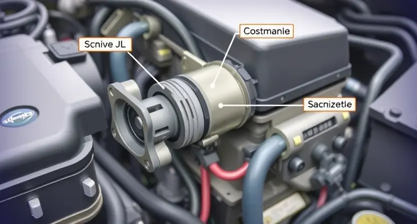 A detailed illustration of an automotive engine bay, focusing on the throttle position sensor. The sensor should be clearly visible, with labels indicating its function. Include wiring and connections relevant to the sensor. The background should be slightly blurred to emphasize the sensor.