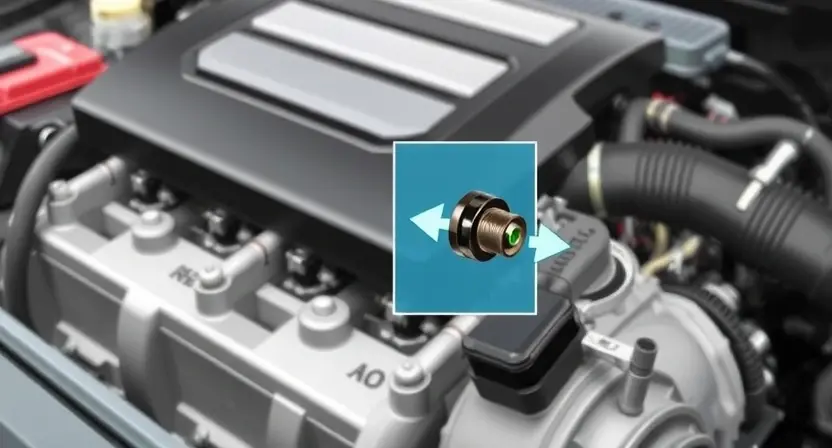 A close-up, detailed illustration of a car engine with a digital overlay highlighting the manifold absolute pressure (MAP) sensor. The sensor should be clearly visible, with arrows indicating airflow and pressure. The engine should appear clean and modern. Focus on the sensor and its immediate surroundings.